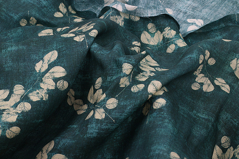 Teal Leaves printed 42-count ramie fabric #Color_Teal Leaves
