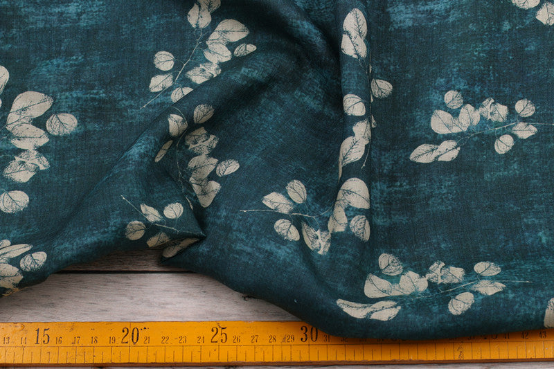 Teal Leaves printed 42-count ramie fabric #Color_Teal Leaves