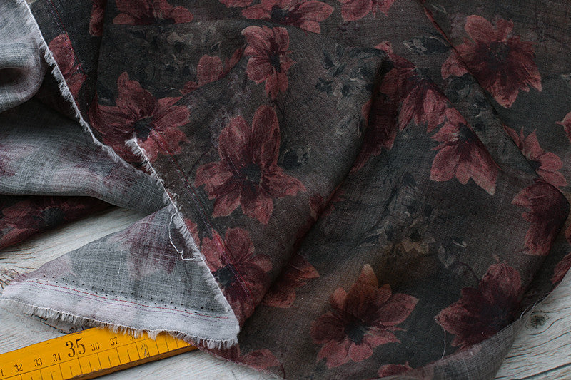 Grey Plum Floral printed 42-count ramie fabric #Color_Grey Plum Floral