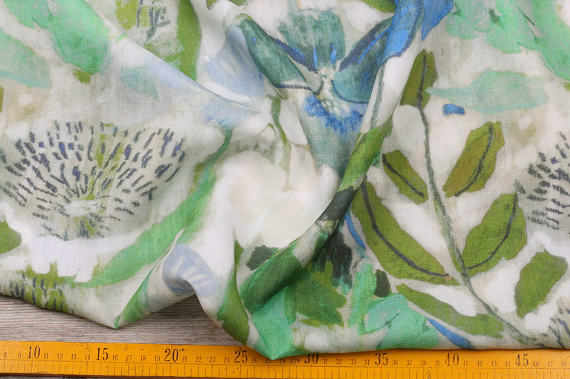 Blue Green Floral printed 42-count ramie fabric #Color_Blue Green Floral