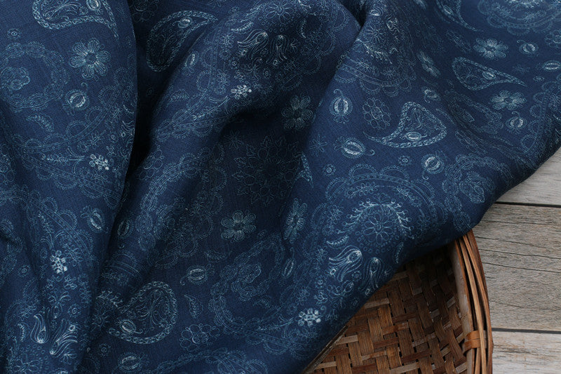 Indigo Paisley printed 42-count ramie fabric #Color_Indigo Paisley