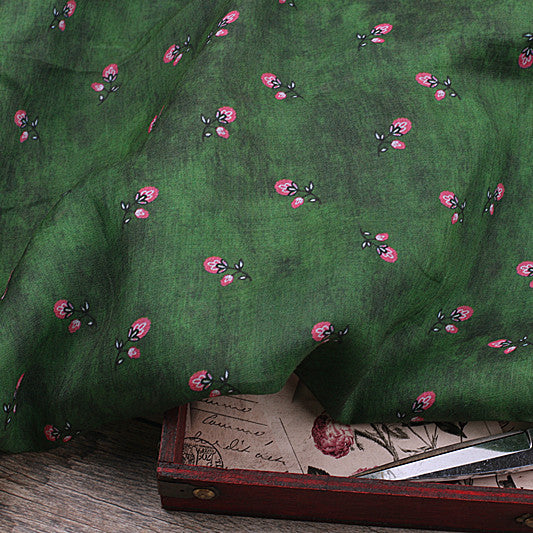 Green Rosebud printed 42-count ramie fabric #Color_Green Rosebud