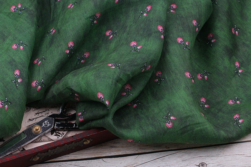 Green Rosebud printed 42-count ramie fabric #Color_Green Rosebud