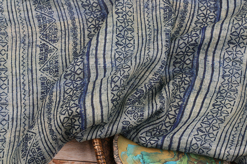 Navy Folk Stripes printed 42-count ramie fabric #Color_Navy Folk Stripes