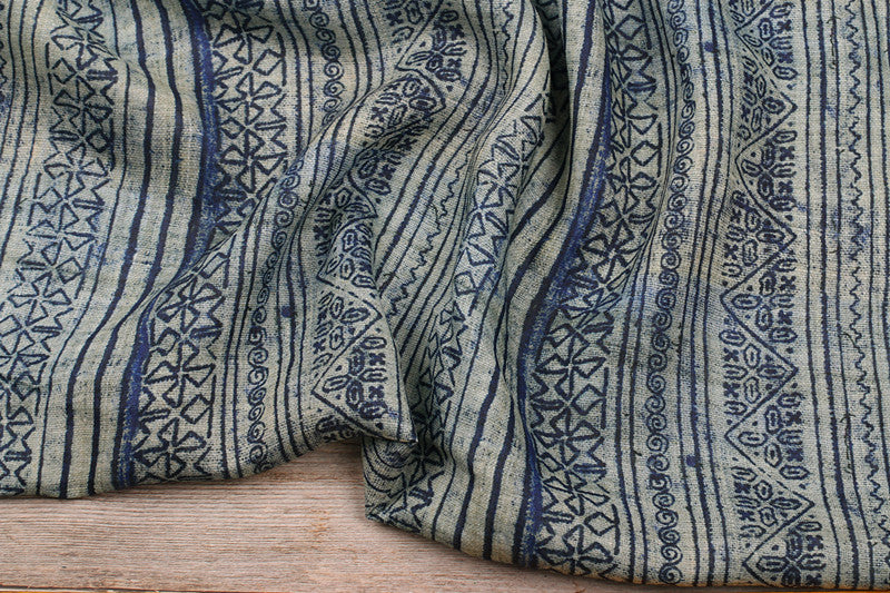Navy Folk Stripes printed 42-count ramie fabric #Color_Navy Folk Stripes