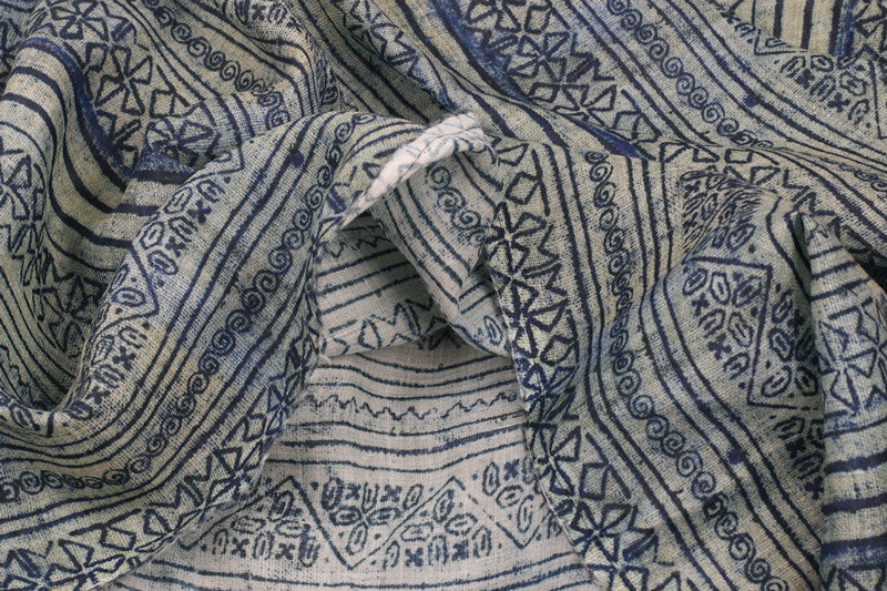 Navy Folk Stripes printed 42-count ramie fabric #Color_Navy Folk Stripes