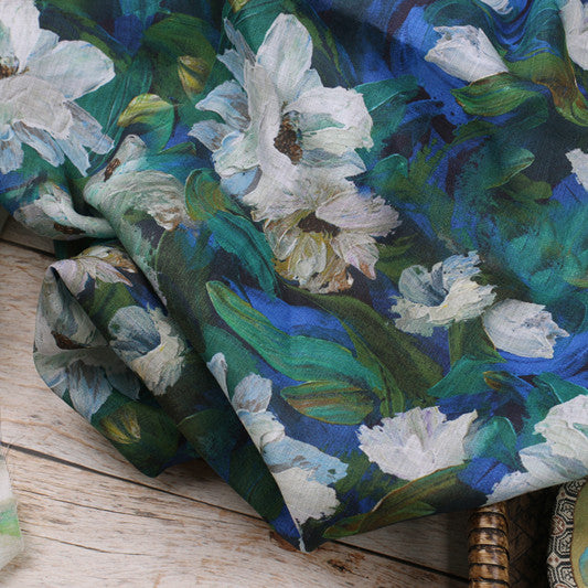 Blue Painted Blossom printed 42-count ramie fabric #Color_Blue Painted Blossom