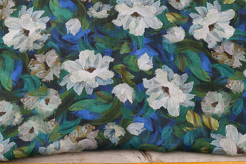 Blue Painted Blossom printed 42-count ramie fabric #Color_Blue Painted Blossom