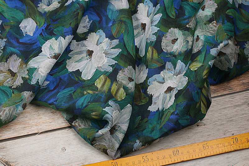 Blue Painted Blossom printed 42-count ramie fabric #Color_Blue Painted Blossom