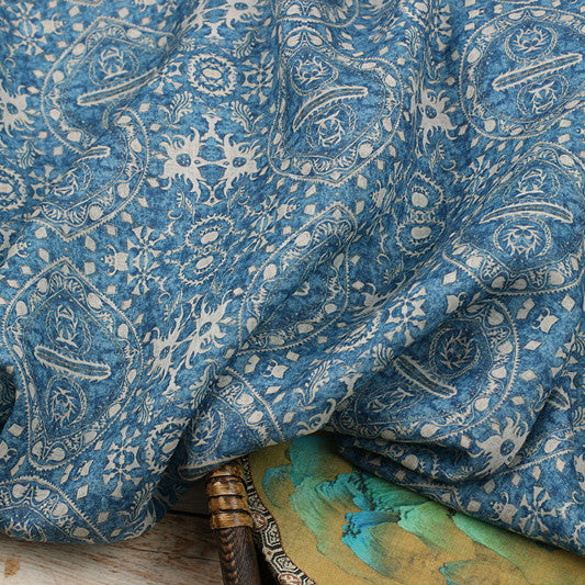 Blue Ornamental printed 42-count ramie fabric #Color_Blue Ornamental