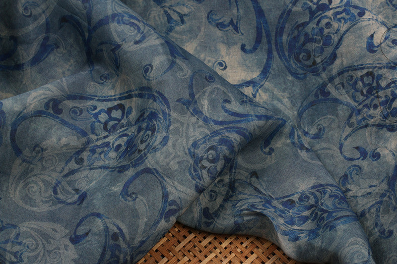 Pale Blue Scroll printed 42-count ramie fabric #Color_Pale Blue Scroll