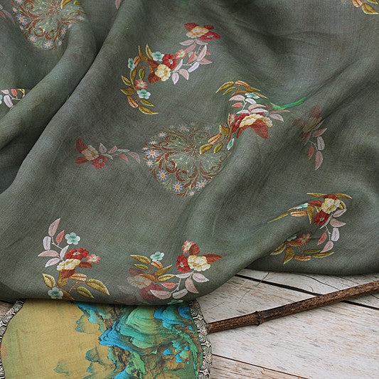 Green Chinese Floral printed 42-count ramie fabric #Color_Green Chinese Floral