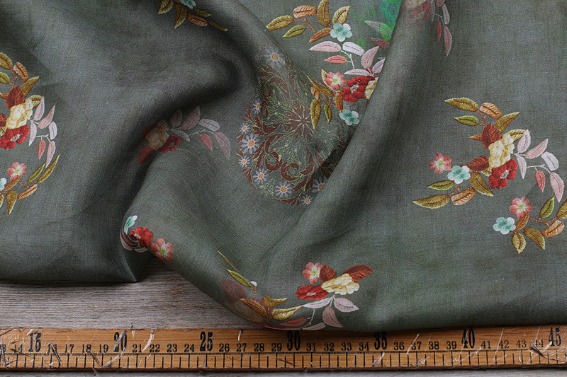 Green Chinese Floral printed 42-count ramie fabric #Color_Green Chinese Floral