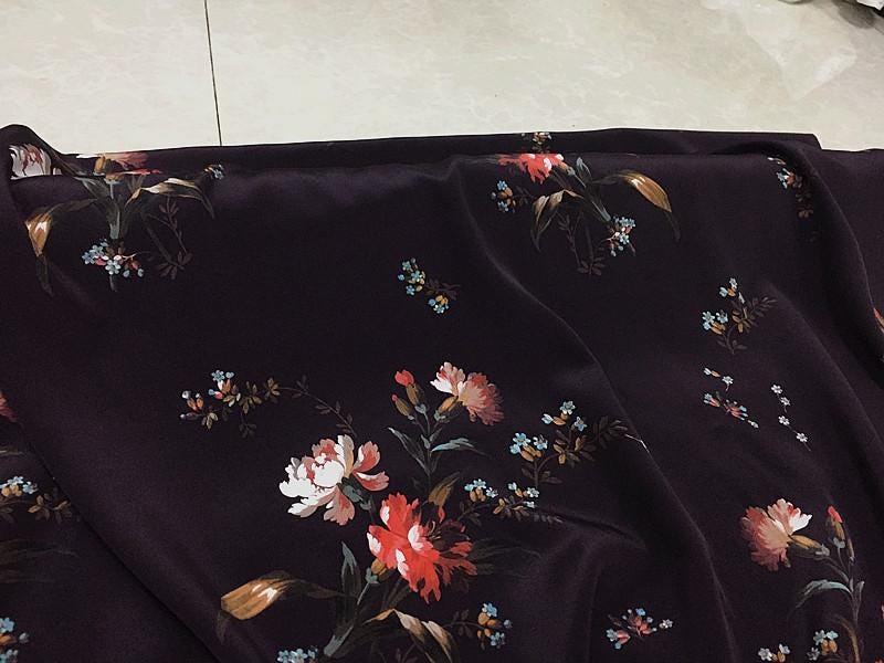 SZSEKA - 16 Momme Deep Coffee Base Color Digital Print Wide Silk Double Georgette Fabric - 140cm wide by the Yard