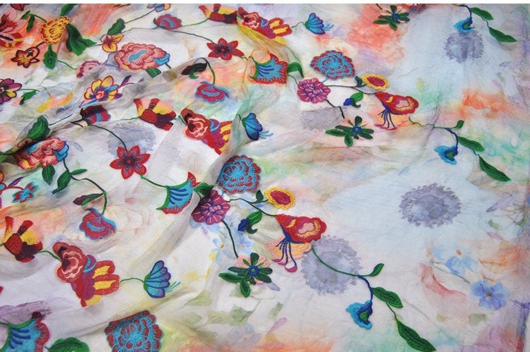 XIUAHA - Embroidered silk crinkled chiffon, multicolored flower, 53"/135cm 5.5mm, fashion silk fabric Dresses, skirts, carves, by the yard