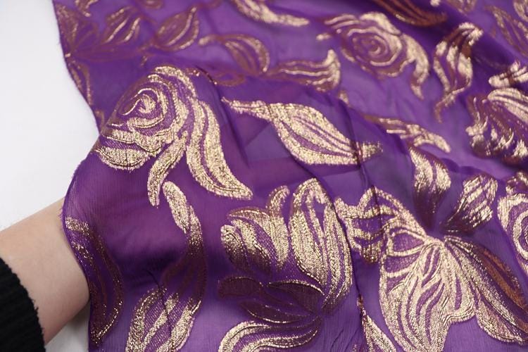 JFHZSH - 12 Momme Golden Thread Weave Silk Georgette Fabric - 130cm wide by the Yard