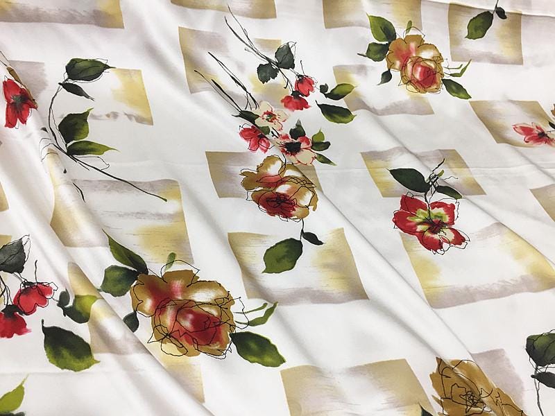 SZDGEZ- 16 Momme Watercolor Abstract Print Stretch Charmeuse Silk Satin Fabric - 114cm wide by the Yard