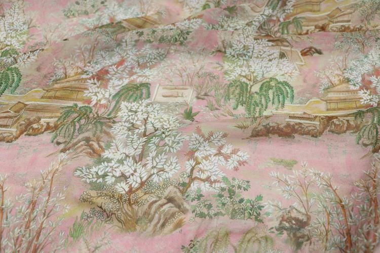 JFHGTY - 11 Momme Traditional Courtyard Pattern Silk Georgette Fabric - 140cm wide by the Yard