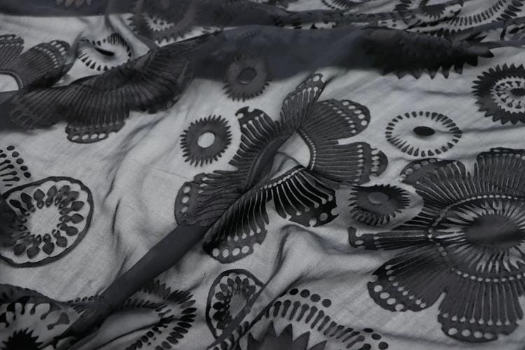 a close-up view of a black and white fabric with a repeating floral pattern. The fabric appears to be made of sheer material, giving it a delicate and intricate appearance.