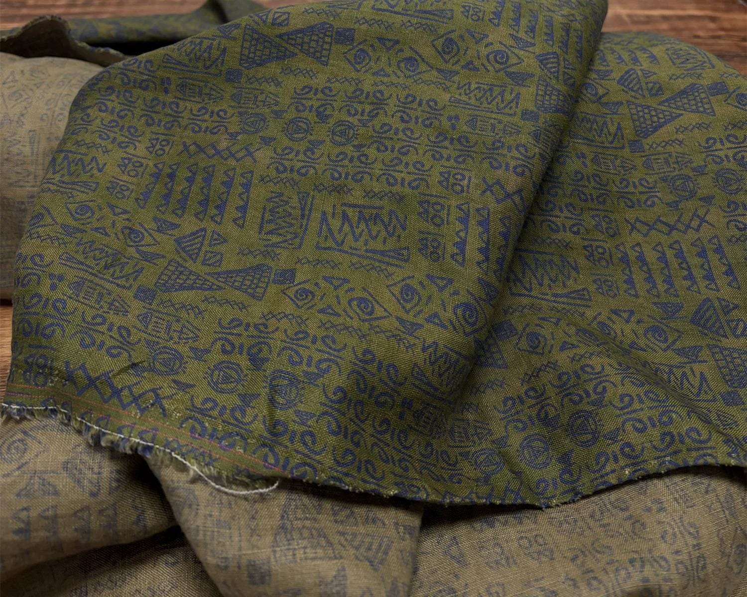 BJGUZH - 100% Linen, Vintage Green and Yellow Digital Print, 200 gram 135cm wide by the Yard