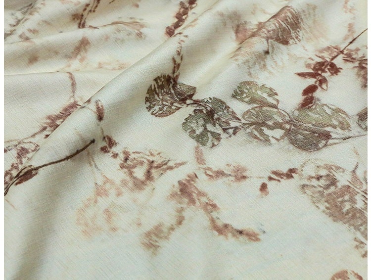 PLANT - 19 Momme Handmade Plant Dye and Leaves Rubbing Eco Friendly Nature Tussah Silk Fabric - 135cm wide By the Yard