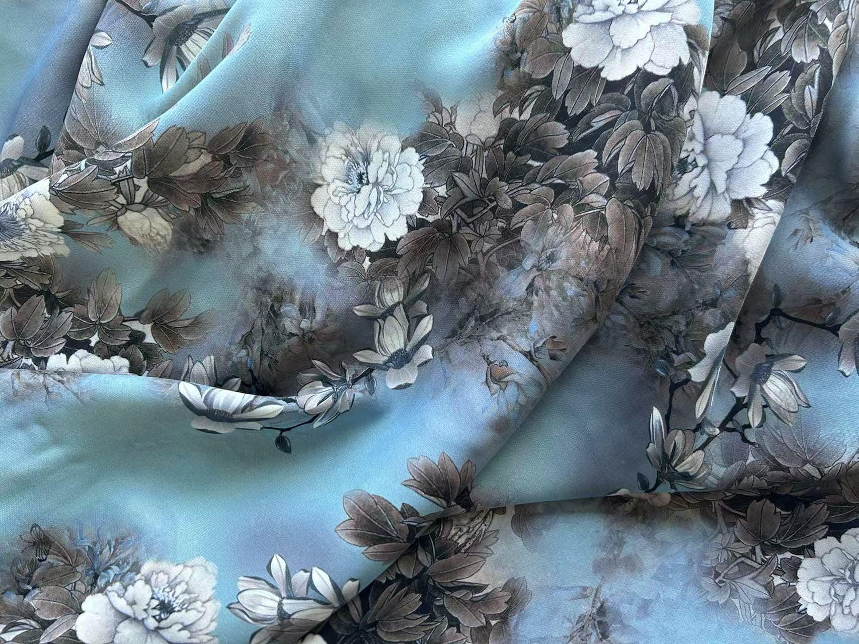 LHMUDSS - 38 Momme Both-sides-printing Peony Heave Georgette Silk Fabric - 138cm by the yard