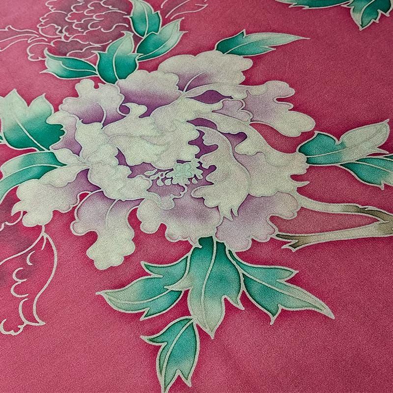 GYHDMD - Red Handmade 40 Momme Painted Peony Mud Silk Satin Fabric - 112cm By the Yard