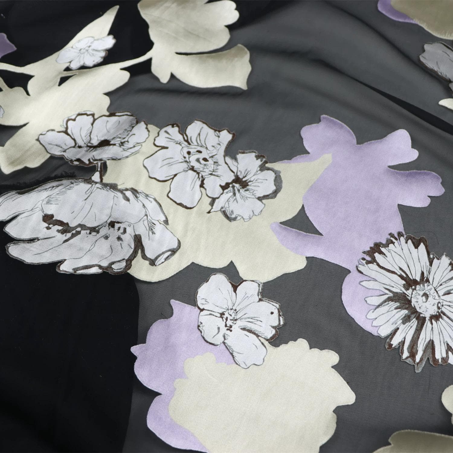 JFHHDHR - Silk Devore Satin Fabric, 16 Momme Black Burnout Big Floral , 130 cm Wide by the Yard