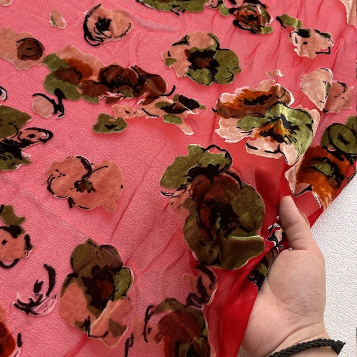 HONGJIN - Floral Sheer Burnout Silk Velvet Fabric - 114cm wide by the Yard