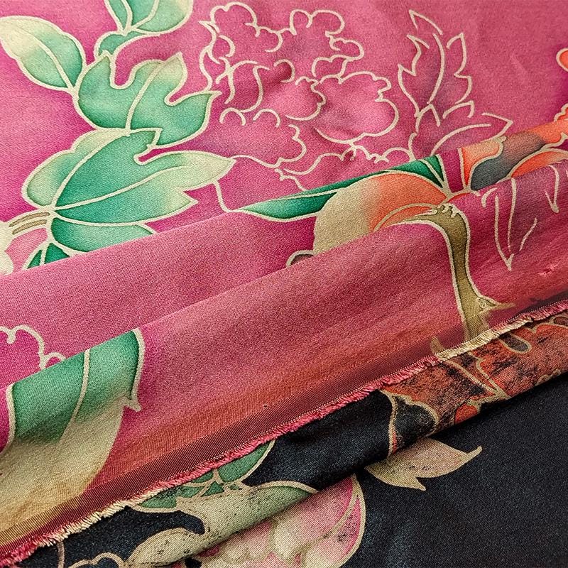 GYHDMD - Red Handmade 40 Momme Painted Peony Mud Silk Satin Fabric - 112cm By the Yard
