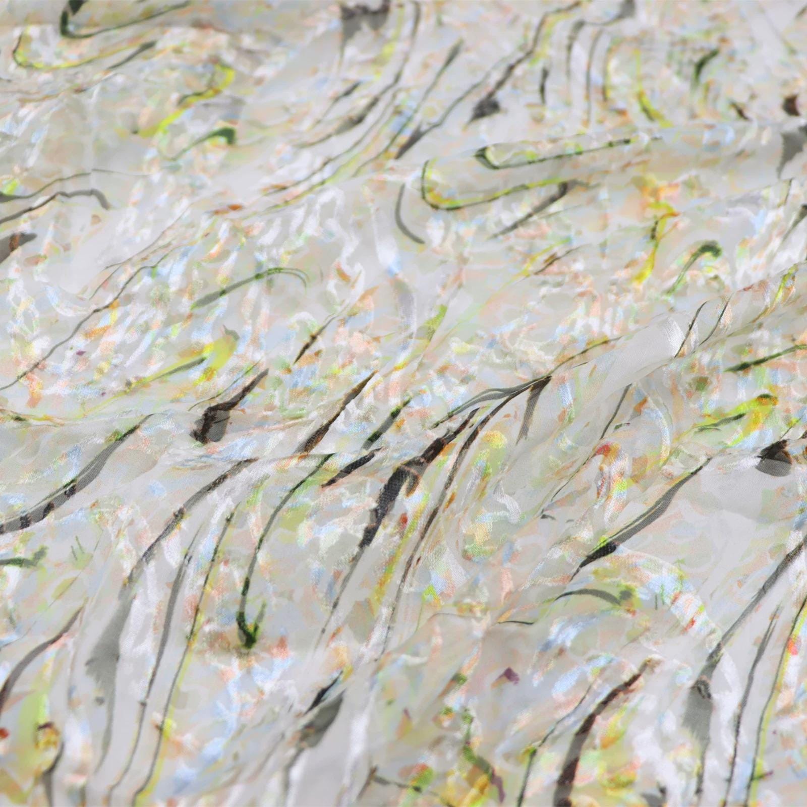 The image is a close-up of a textured fabric with a colorful, abstract pattern. The fabric appears to be made of a material with a wavy or swirling texture, and the colors are vibrant and varied. The image does not contain any discernible objects or actions, and there are no specific actions or movements depicted. The overall composition is simple and focused on the intricate patterns and textures of the fabric.