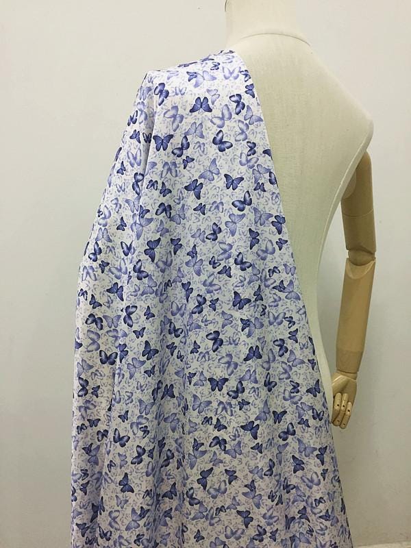 QICIDI - 19 Momme Celadon Butterfly Print Stretch Charmeuse Silk Satin Fabric - 135cm wide by the Yard