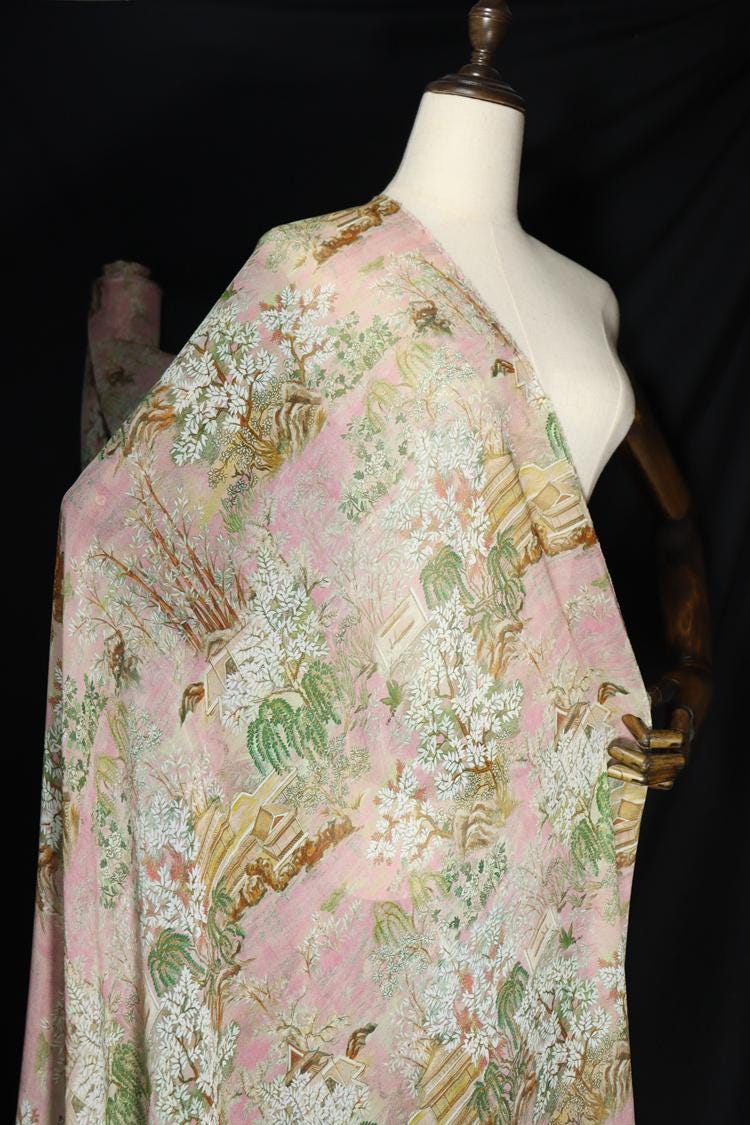 JFHGTY - 11 Momme Traditional Courtyard Pattern Silk Georgette Fabric - 140cm wide by the Yard