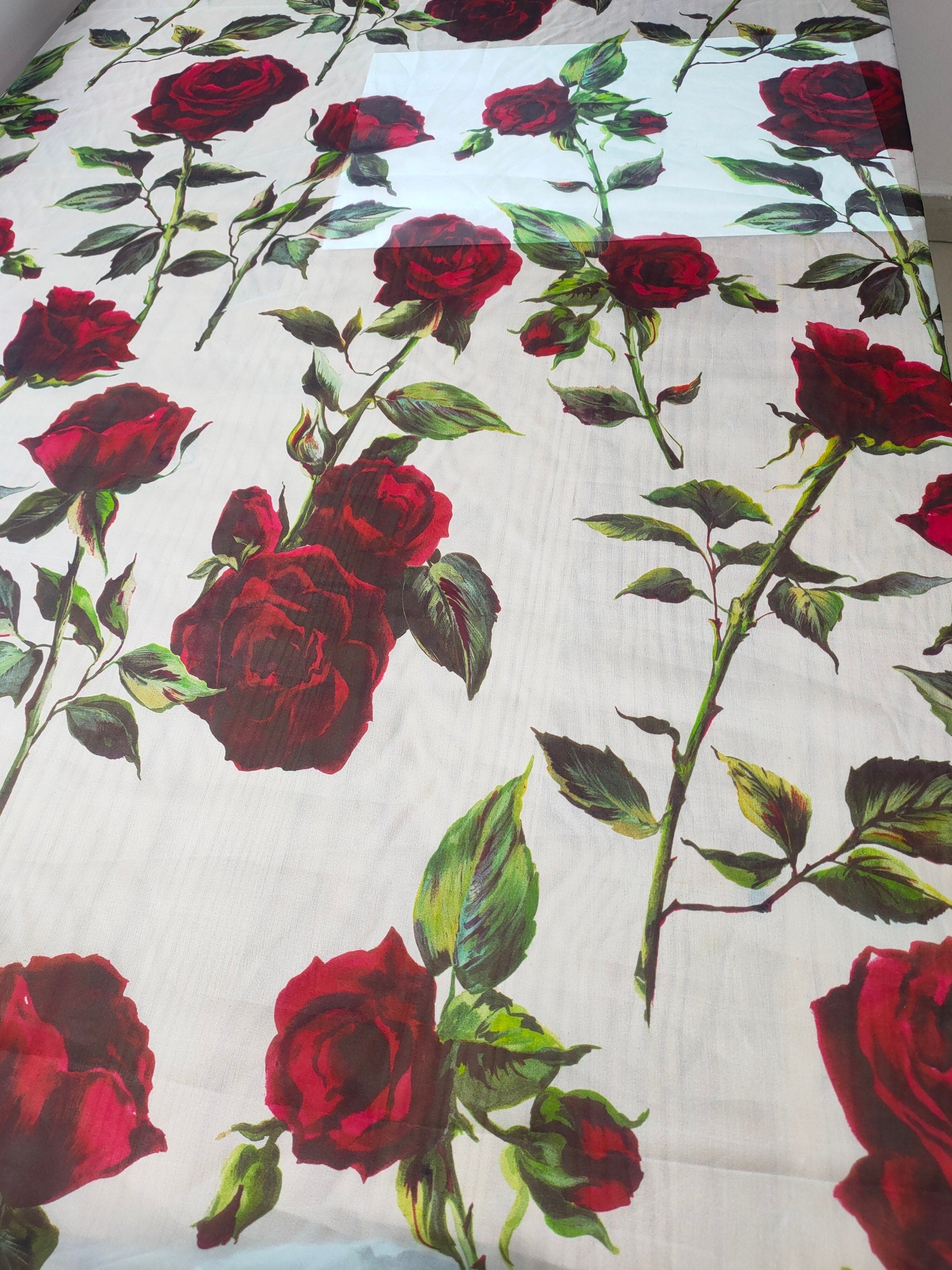 HONGMG - 10 Momme Red Rose on Light Blue Silk Chiffon Fabric - 130cm wide by the Yard