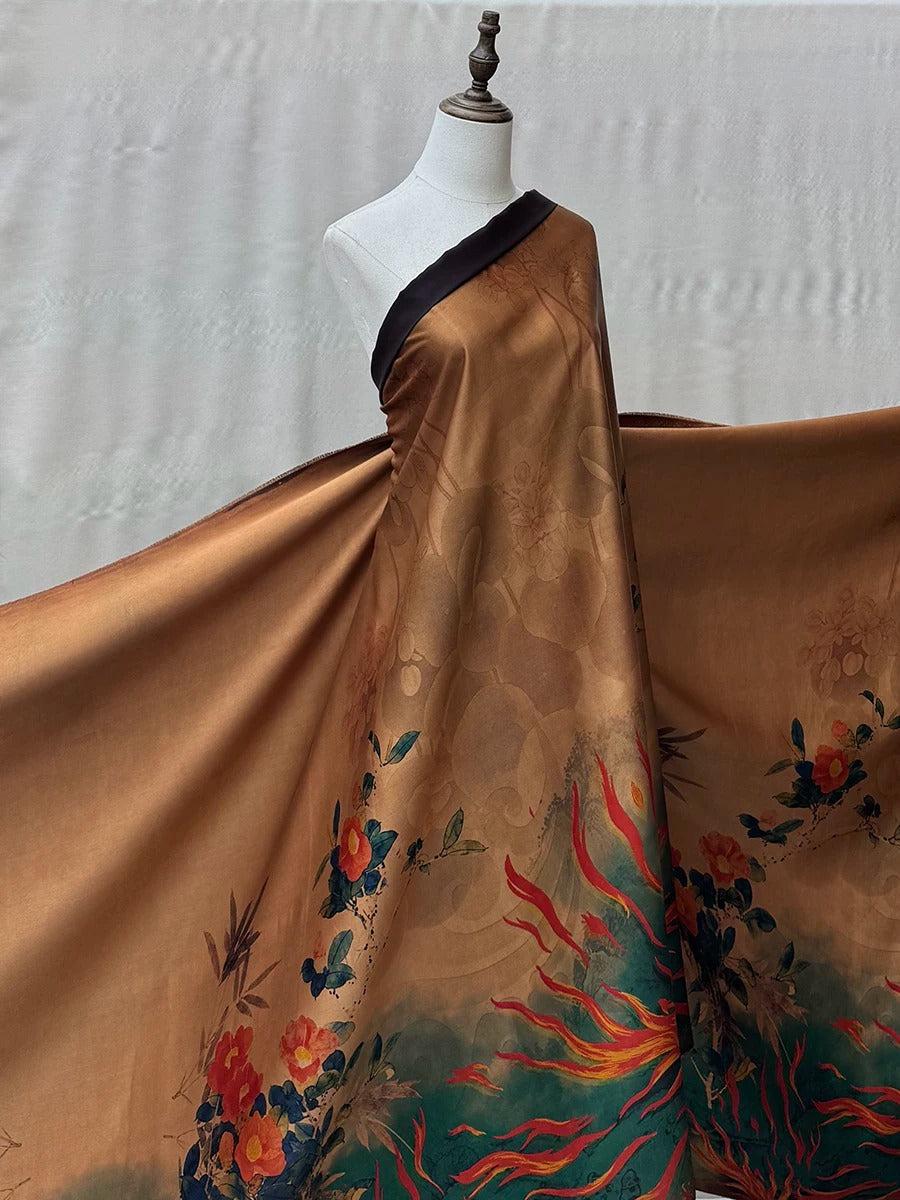 A mannequin wearing a brown fabric dress with a floral pattern, displayed against a plain background.