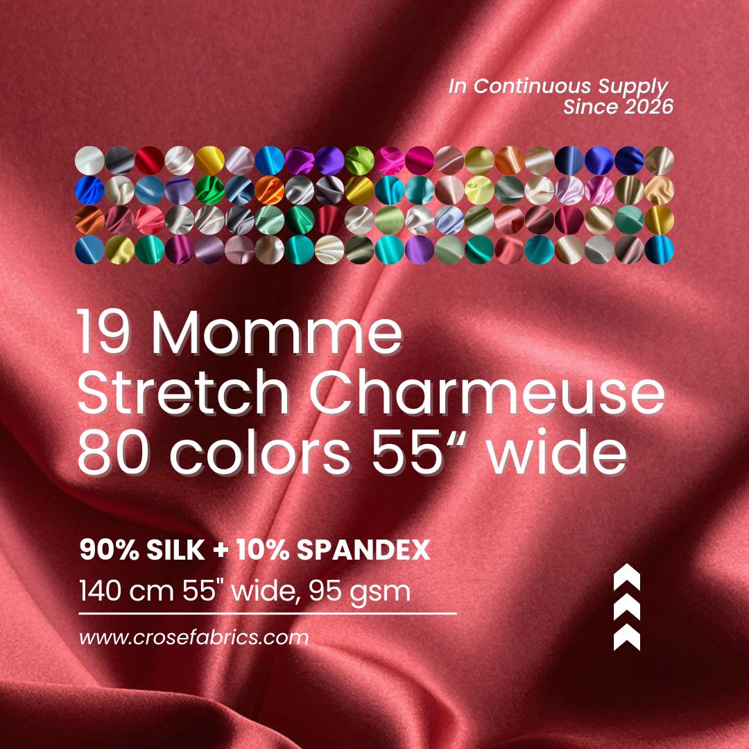 Stretch 90% Silk Charmeuse, 19 Momme solid 80 colors, 140cm wide by the yard