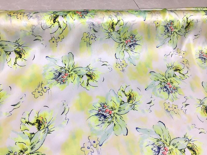 SZDSMH- 14 Momme Fluorescent Green Ink Floral Print Stretch Charmeuse Silk Satin Fabric - 114cm wide by the Yard