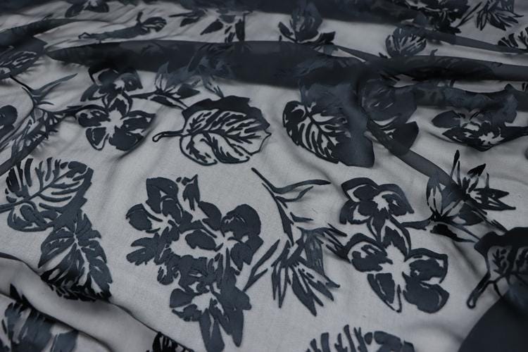 SHUYE - Black Leaves Print Sheer Burnout Silk Devore Satin Fabric - 140cm wide by the Yard