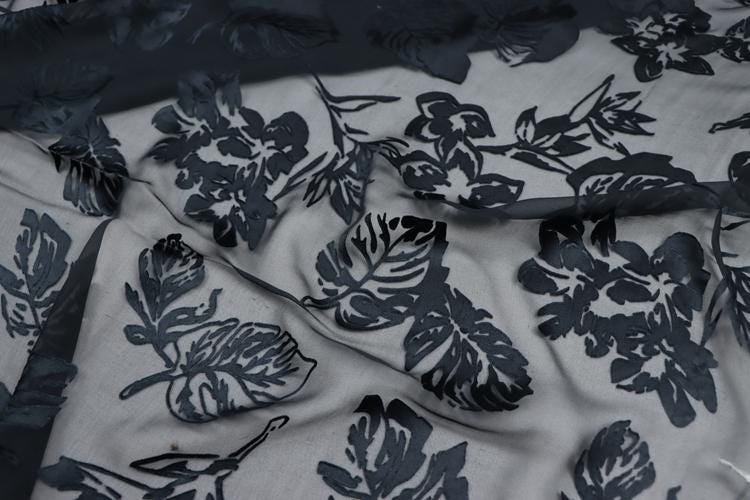 SHUYE - Black Leaves Print Sheer Burnout Silk Devore Satin Fabric - 140cm wide by the Yard