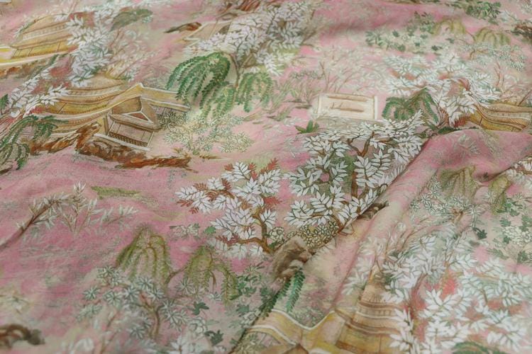 JFHGTY - 11 Momme Traditional Courtyard Pattern Silk Georgette Fabric - 140cm wide by the Yard