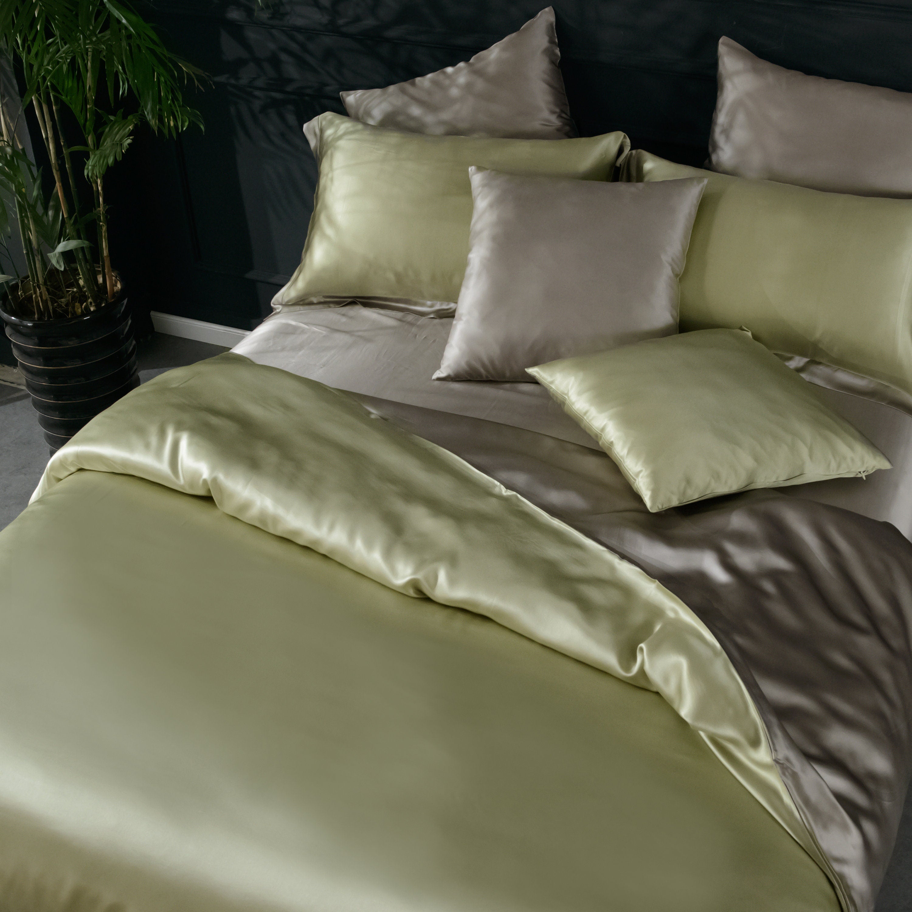 Pure silk duvet cover in soft green and smoky grey, 22mm smooth, natural, sleep beauty Silk Bedding for King, queen, custom size.