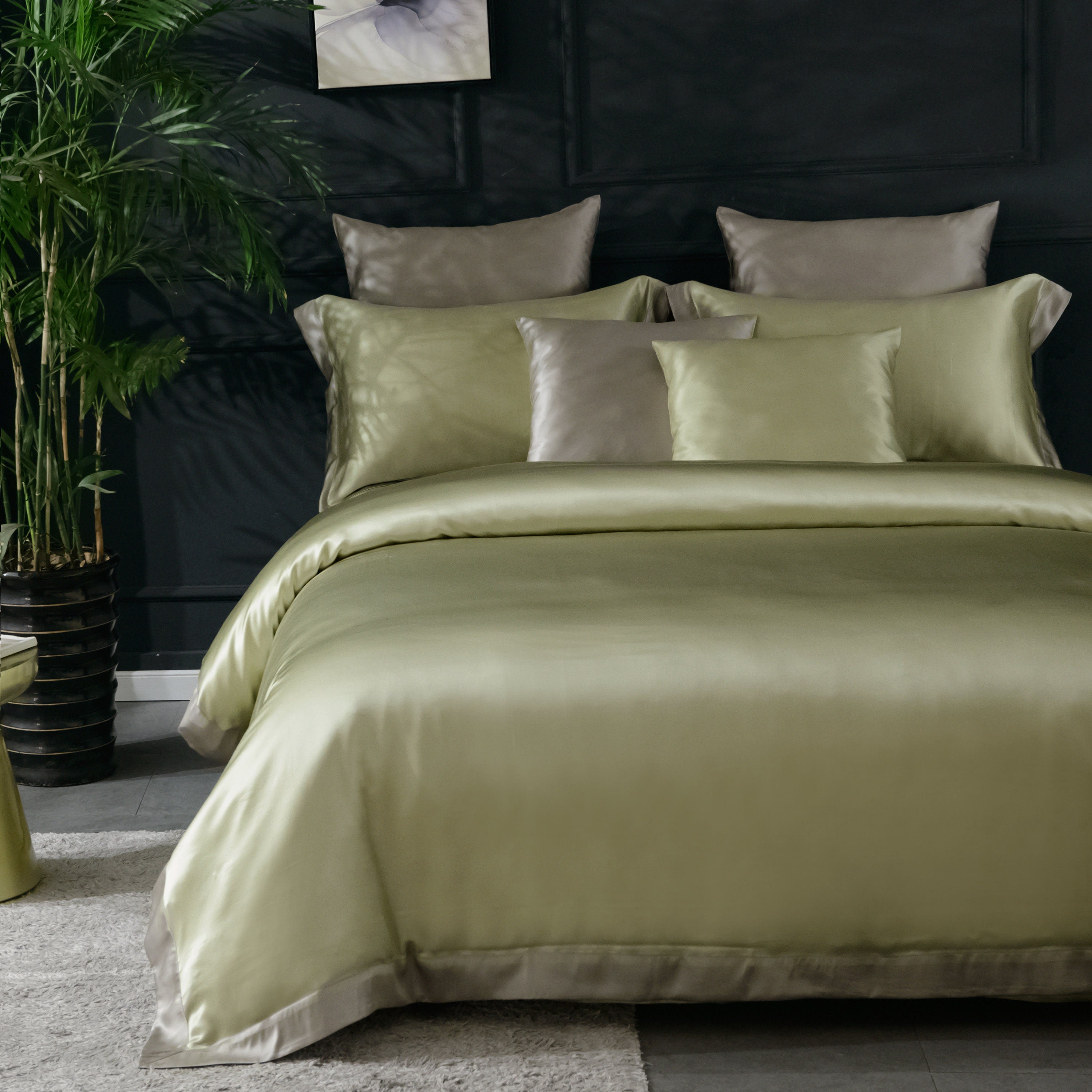 Pure silk duvet cover in soft green and smoky grey, 22mm smooth, natural, sleep beauty Silk Bedding for King, queen, custom size.