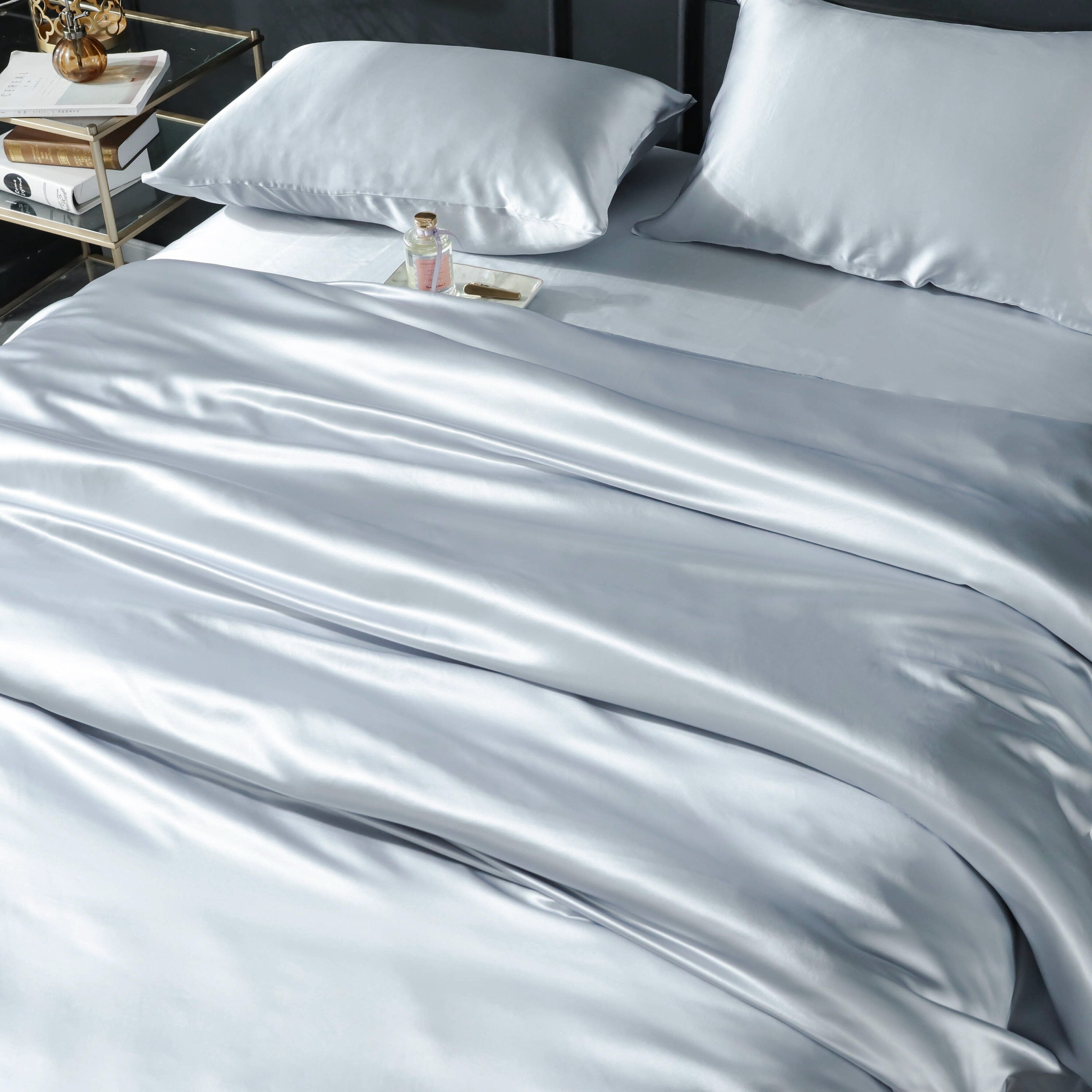 22mm Silver Blue Silk Pillowcase, for Better Skin Less Sleep Creases, Handmade with 100% Silk for King, Queen, and Customized Sizes Bedding.