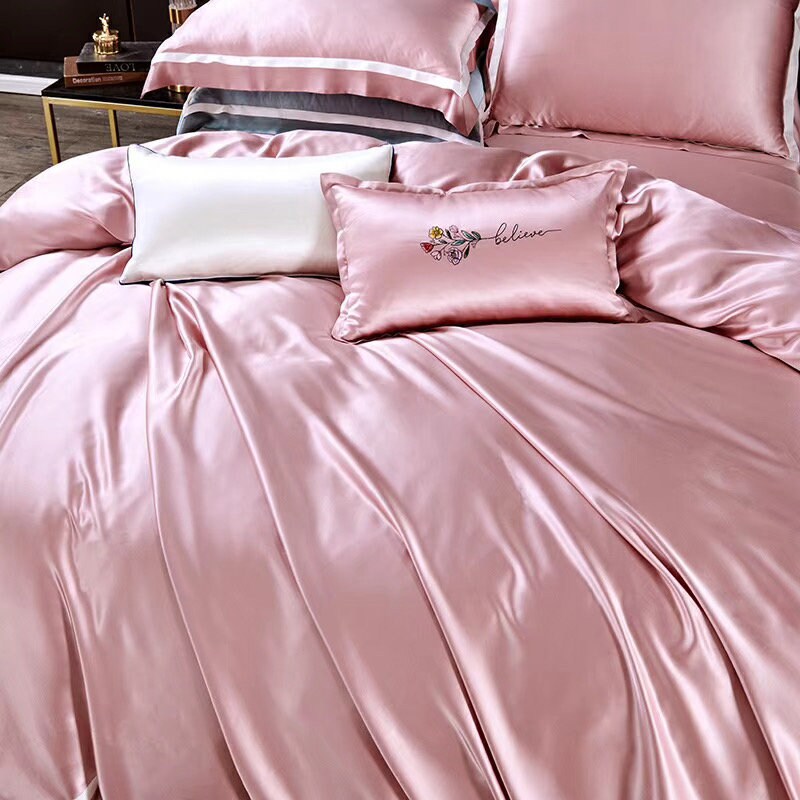 Handmade Duvet Cover with White Trimmings in Anna Pink 100% Pure 6A Silk, 25mm Smooth, Natural Silk Bedding for King, queen, custom size.