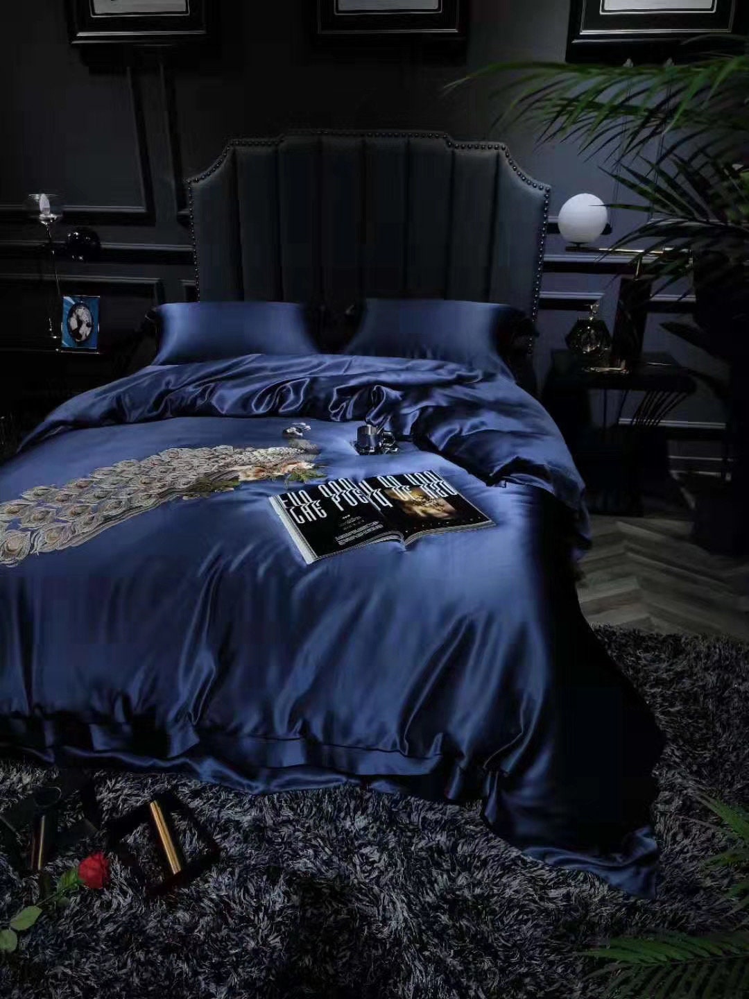 Handmade Embroidery Duvet Cover in Navy Blue 100% 6A Pure Silk, 25mm Soft, Natural, Comfort Silk Bedding for King, Queen, Custom Size.