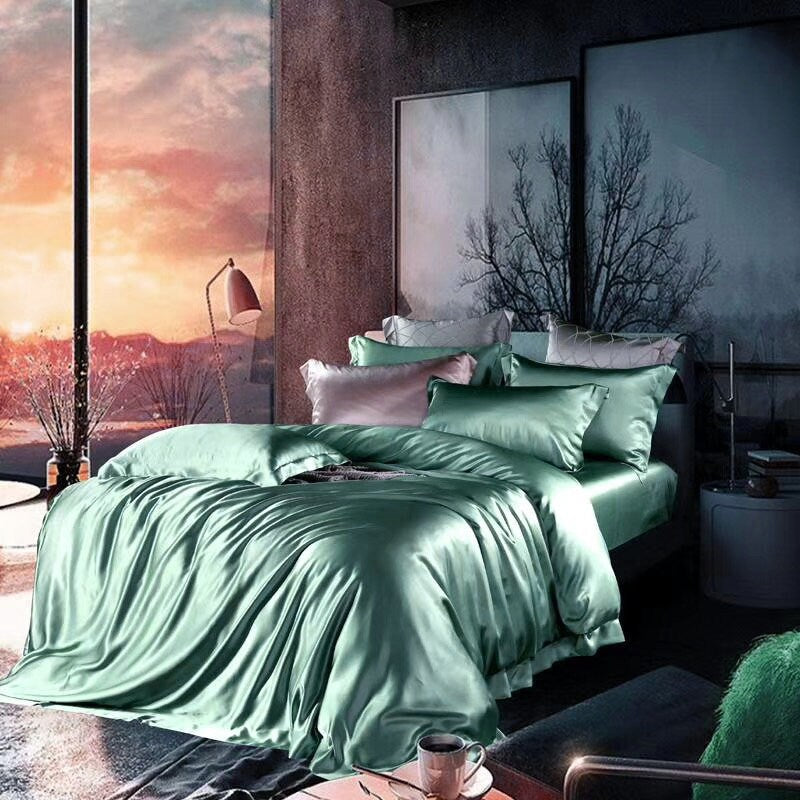 25mm 100% Pure Silk, Handmade Mulberry Silk Duvet Cover in Bean Green, Super Luxury Smooth Silk Bedding for King, Queen, Custom sizes.