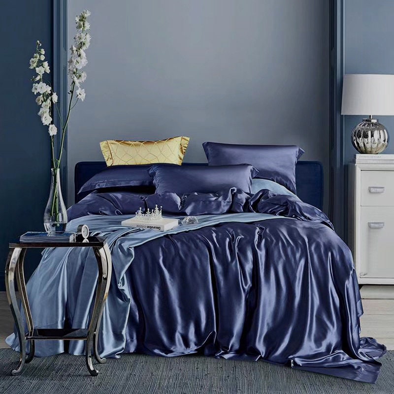 Handmade Duvet Cover in Navy Blue 100% Pure 6A Silk, 25mm smooth, natural, sleep beauty Silk Bedding for King, queen, custom size.