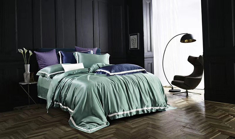 Handmade Duvet Cover with Trims in Bean Green 100% Pure 6A Silk, 25mm Smooth, Natural Silk Bedding for King, queen, custom size.
