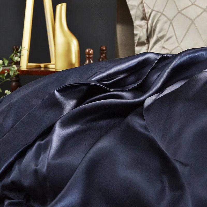 Handmade Duvet Cover with Trims in Navy Blue 100% Pure 6A Silk, 25mm Smooth, Natural Silk Bedding for King, queen, custom size.