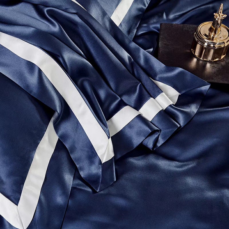 Handmade Embroidery Duvet Cover in Navy Blue 100% 6A Pure Silk, 25mm Soft, Natural, Comfort Silk Bedding for King, Queen, Custom Size.